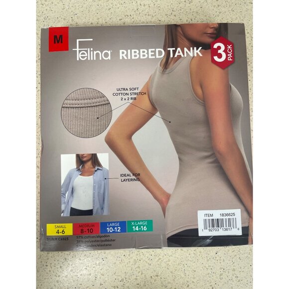 Felina 3-Pack Ribbed Tank Tops Size Medium Cotton Stretch NEW - Picture 2 of 5